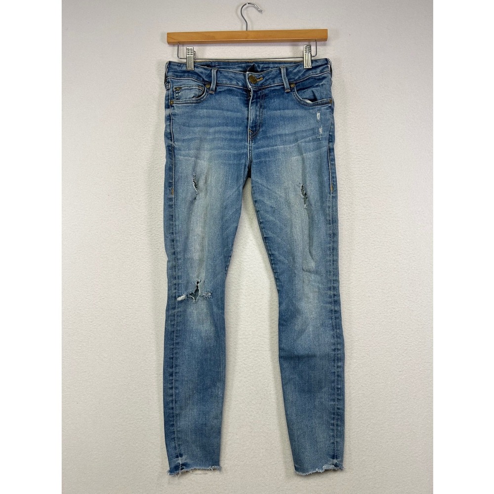 Distressed Y2K True Religion Women 27 Blue Halle Mid Rise Skinny Raw Hem Jeans